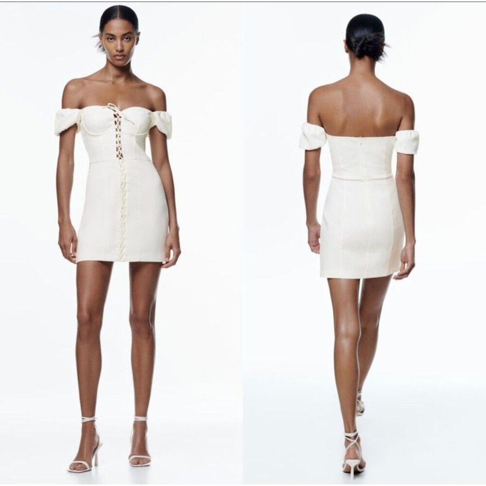 ZARA Off The Shoulder Puff Sleeves Mini Dress With Detail L